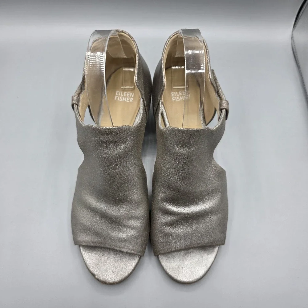 Eileen Fisher Iris Sandals Womens 9.5 Pewter Leather Block Heel Adjustable Strap